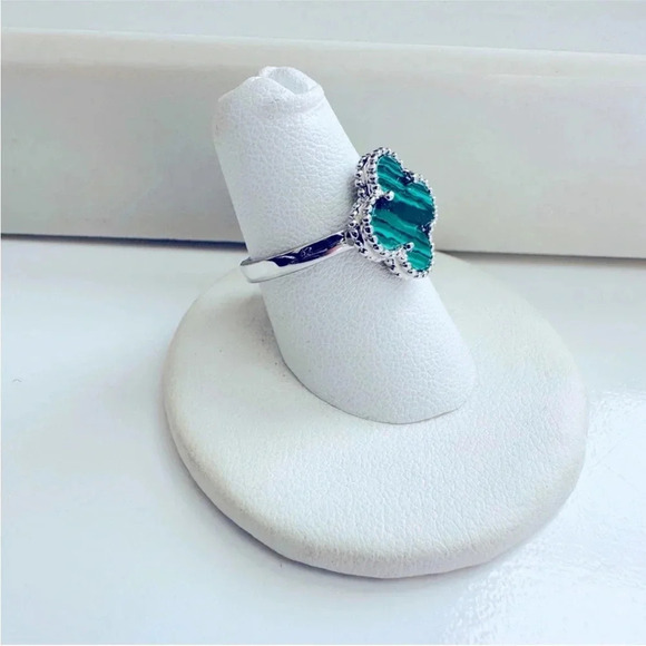 Sterling Silver Four Leaf Clover Malachite Adjustable Ring - Picture 3 of 6